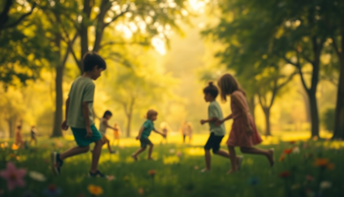 An abstract, out-of-focus photograph depicting a group of children playing in a lush, green park setting, with blurred silhouettes of trees, flowers, and other natural elements filling the frame, creating a warm, dreamlike atmosphere.