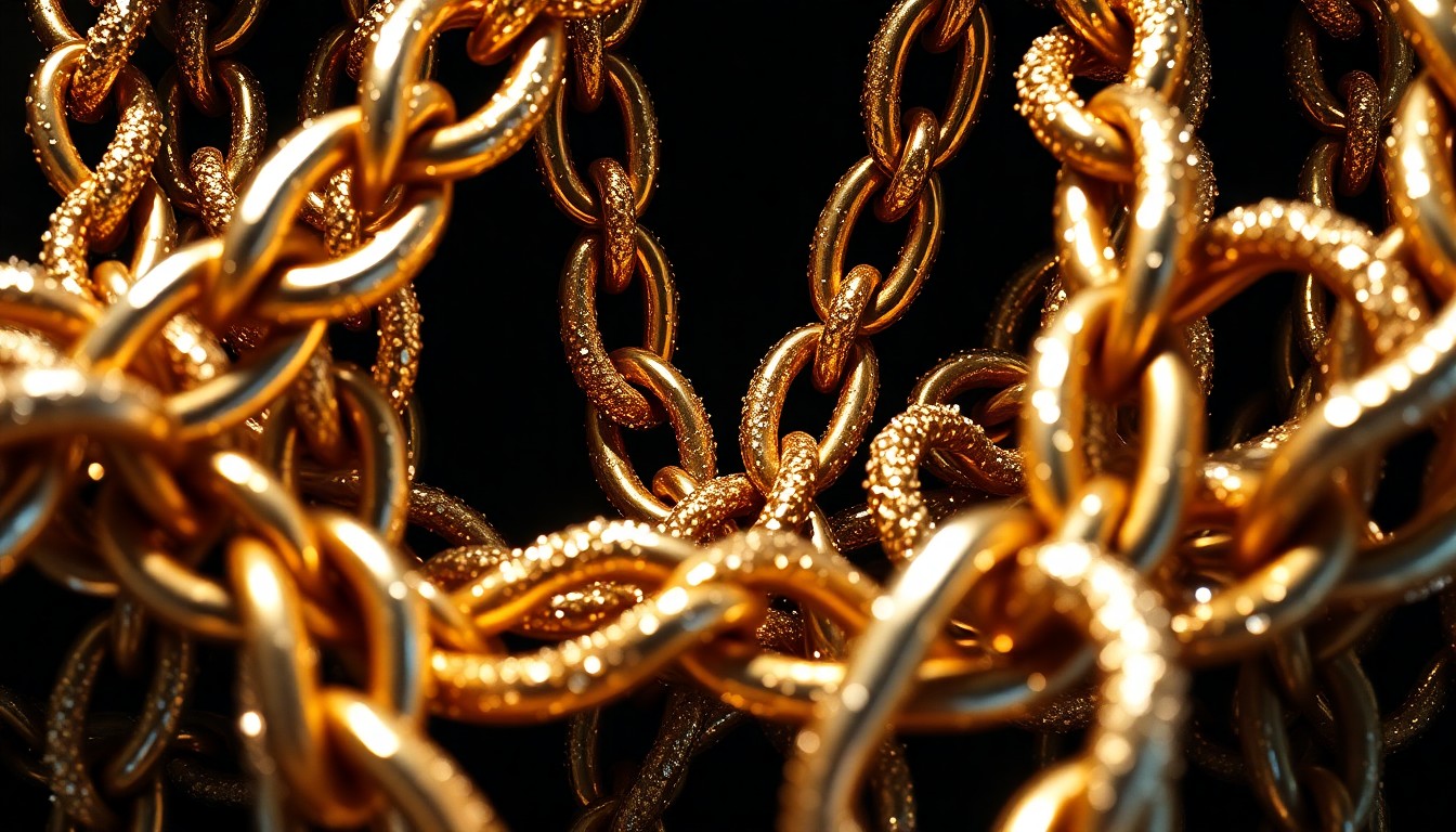 An abstract close-up photograph of interlocking gold and silver chains, capturing the luxurious textures and dramatic lighting that evoke the intense drama of the 'Beef' series.