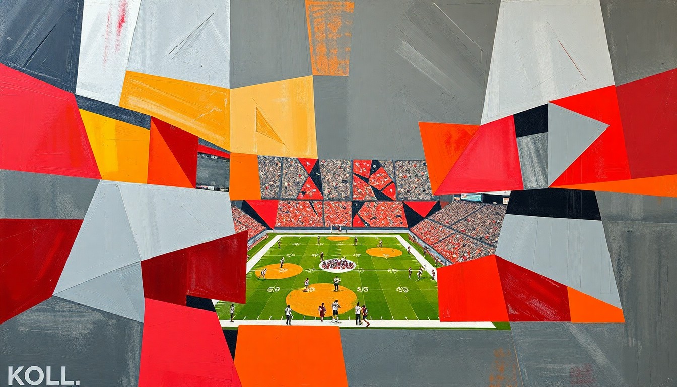 A cubist, geometric painting depicting a fragmented, multi-angled view of a Tampa Bay Buccaneers football game, with sharp planes of pewter, red, and orange colors representing the action on the field.