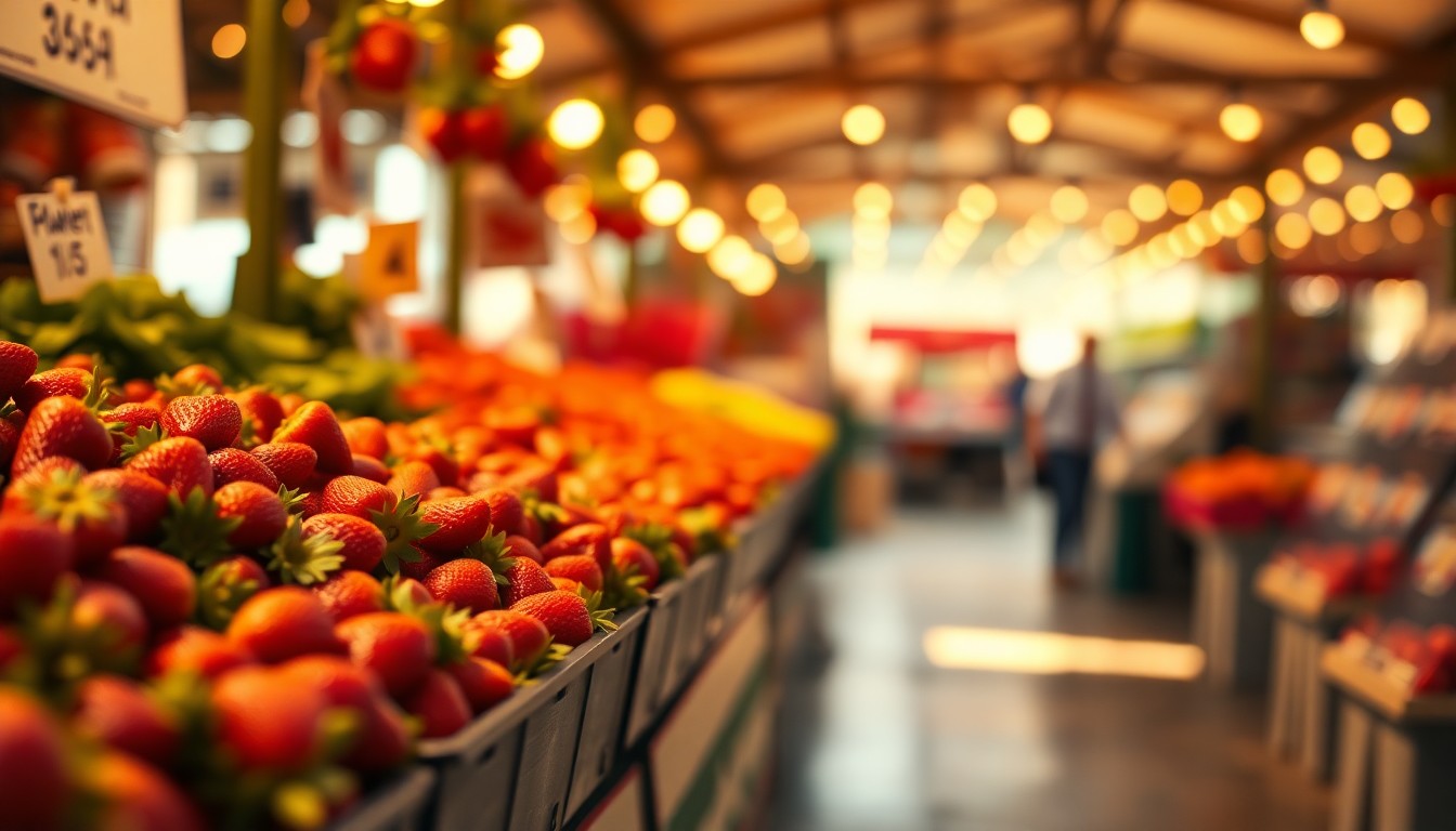 An extremely blurred, impressionistic photograph showing the vibrant colors and textures of fresh strawberries and other produce at a farmer's market stall, conveying the celebratory mood of a community festival.