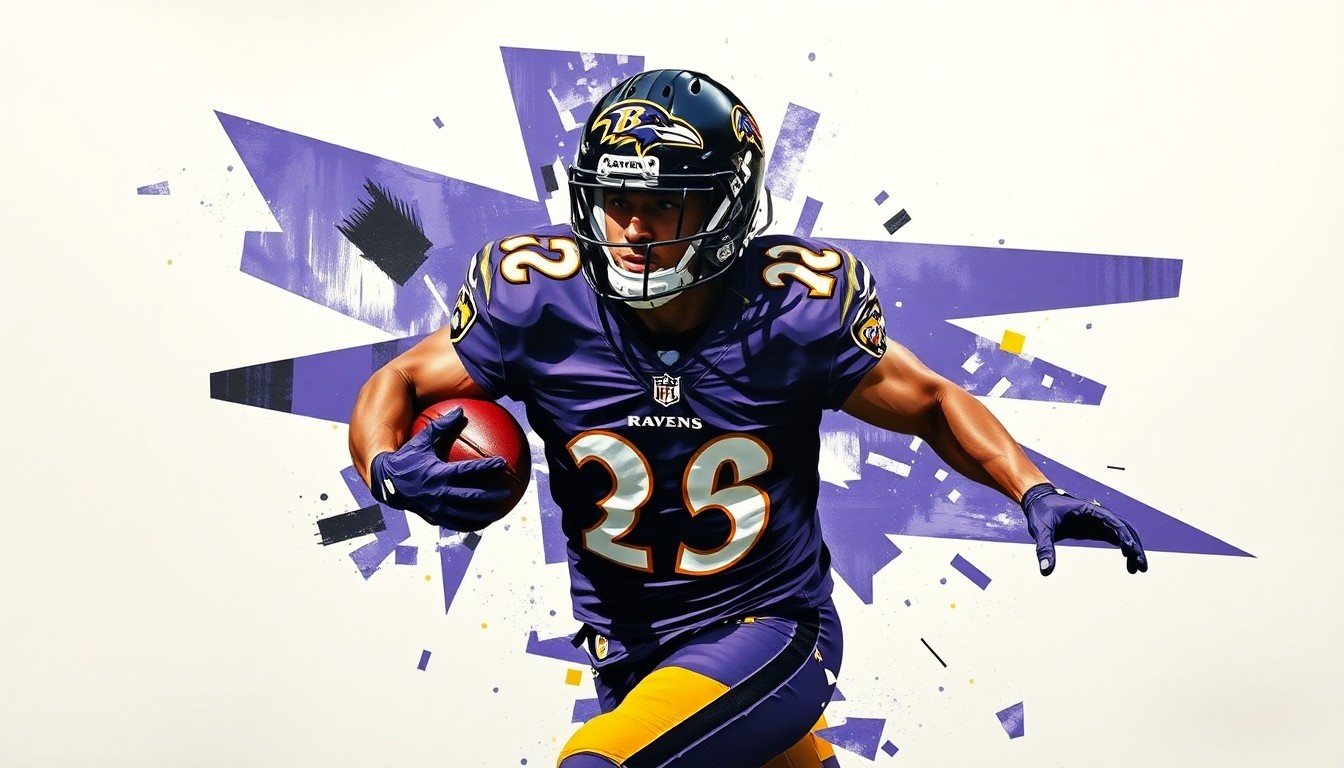 A cubist, geometric painting depicting a football player in motion, with sharp, overlapping planes of purple, black, and gold representing the Baltimore Ravens' team colors.