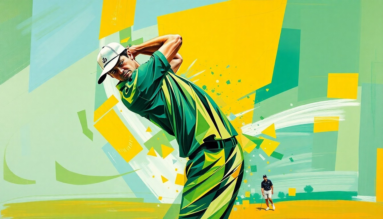 A fragmented, geometric painting depicting a golfer's swing motion broken down into sharp, overlapping planes of color, conceptually representing the long journey and pivotal moments that led to this player's first Masters appearance.