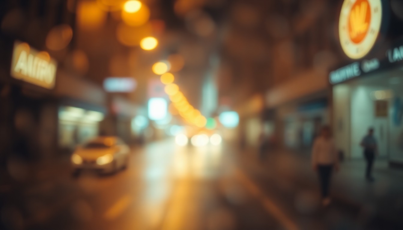 An abstract, impressionistic scene of blurred city lights and shadows, conveying the atmospheric mood of a downtown street at night.