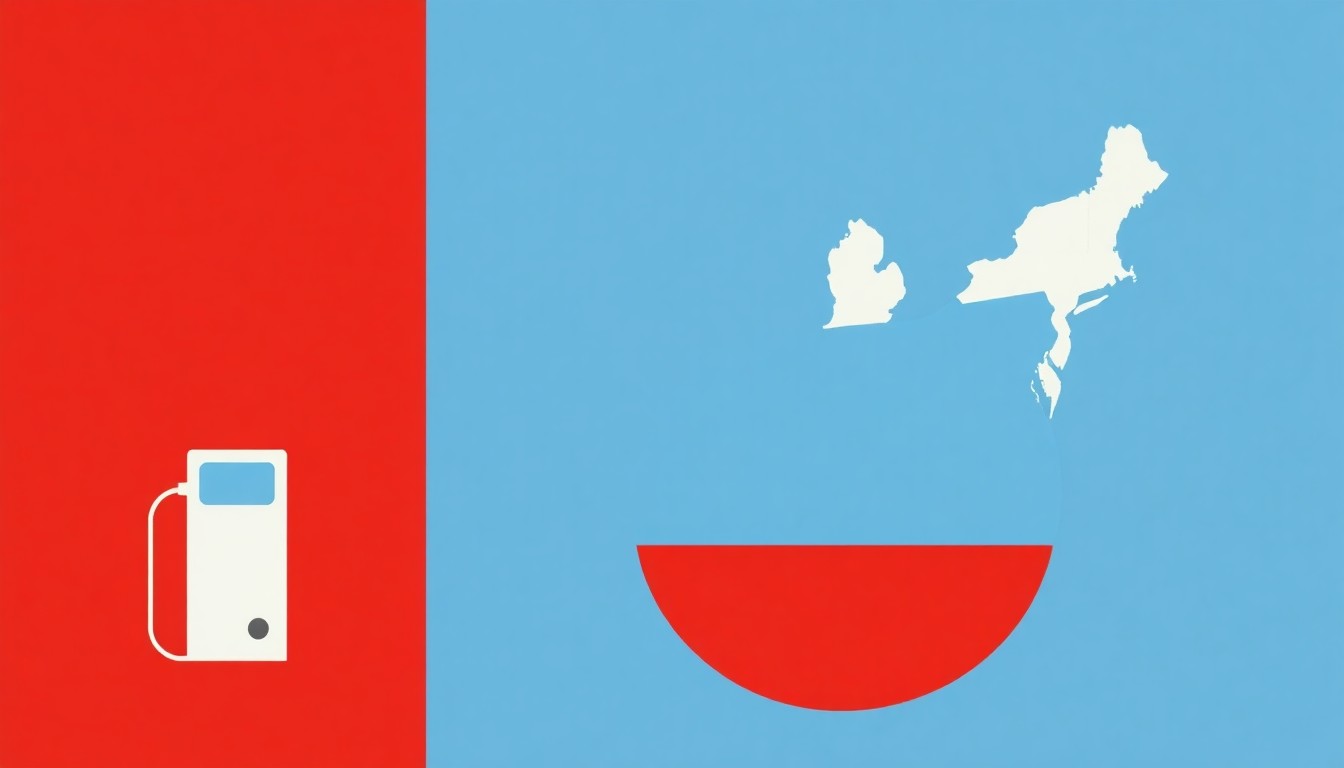 A vibrant, abstract composition of overlapping triangles and circles in shades of blue, red, and yellow, conceptually representing the uneven distribution of gas prices nationwide.