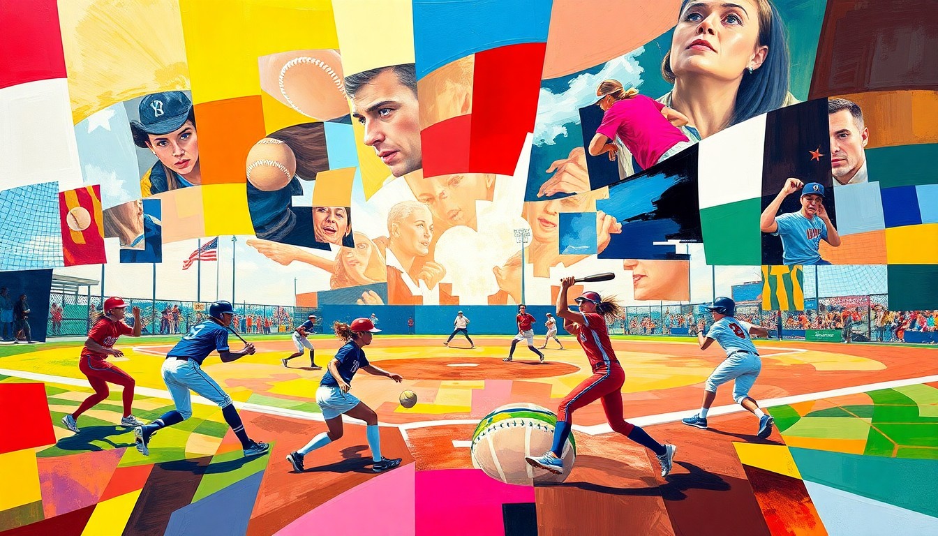 A fractured, multi-perspective painting depicting the dynamic motion and energy of a high-intensity softball game, with the players and field elements broken down into sharp, overlapping geometric planes of vibrant color.