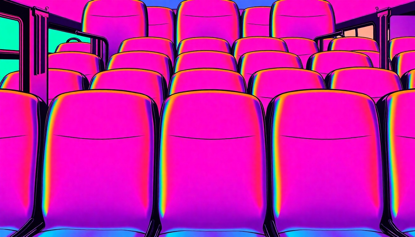 A bold, colorful silkscreen-style illustration featuring a repeating pattern of a school bus seat belt in vibrant neon hues, conceptually representing the funding challenges school districts face in complying with new safety regulations.