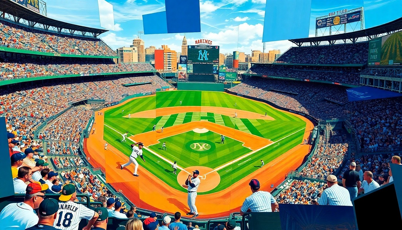 A fragmented, geometric painting depicting a baseball game between two teams, with sharp angles and overlapping planes of color representing the dynamic action on the field.