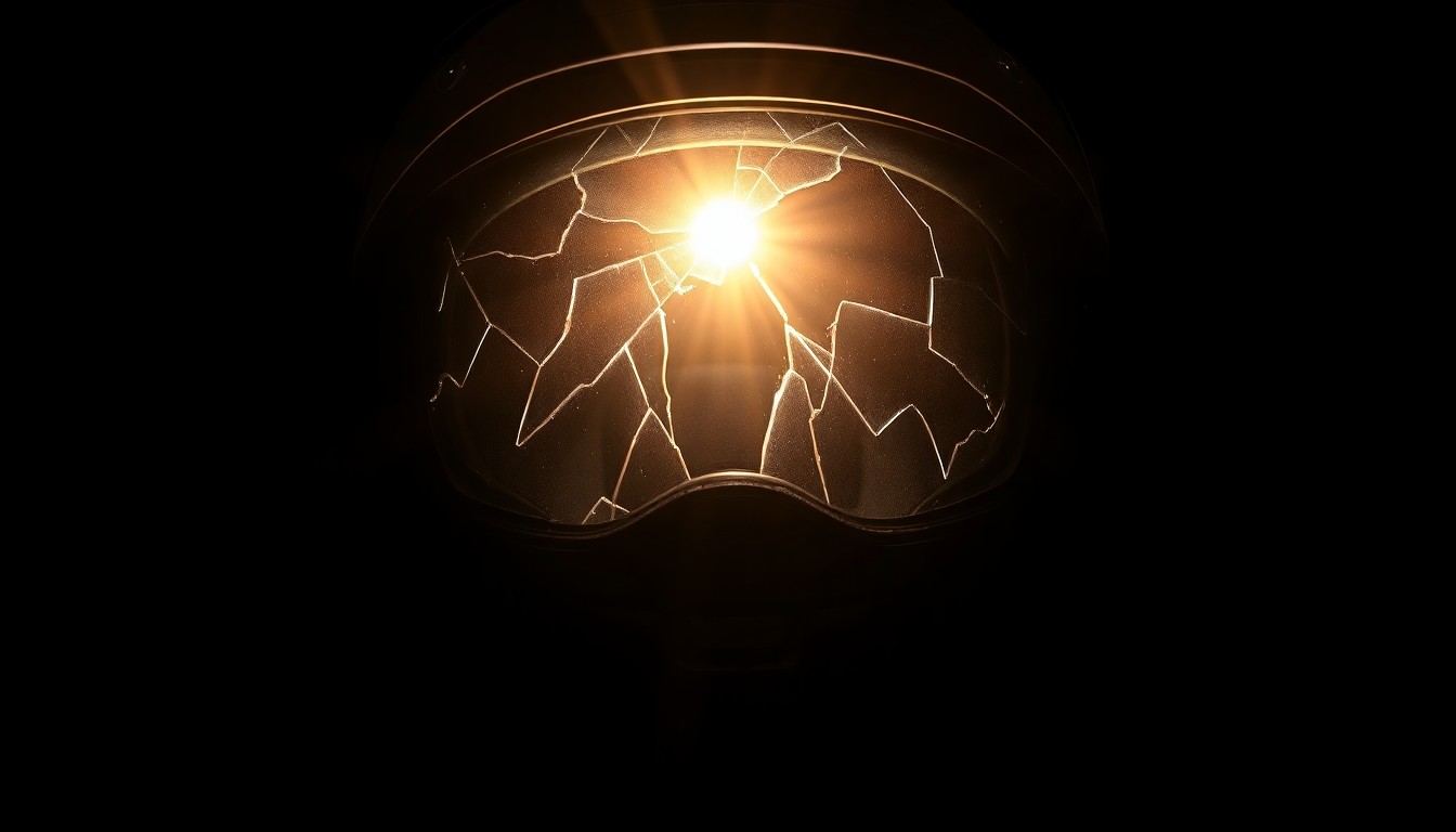 An extreme close-up photograph of a motorcycle helmet with a cracked visor, conveying the gritty aftermath of a fatal accident.