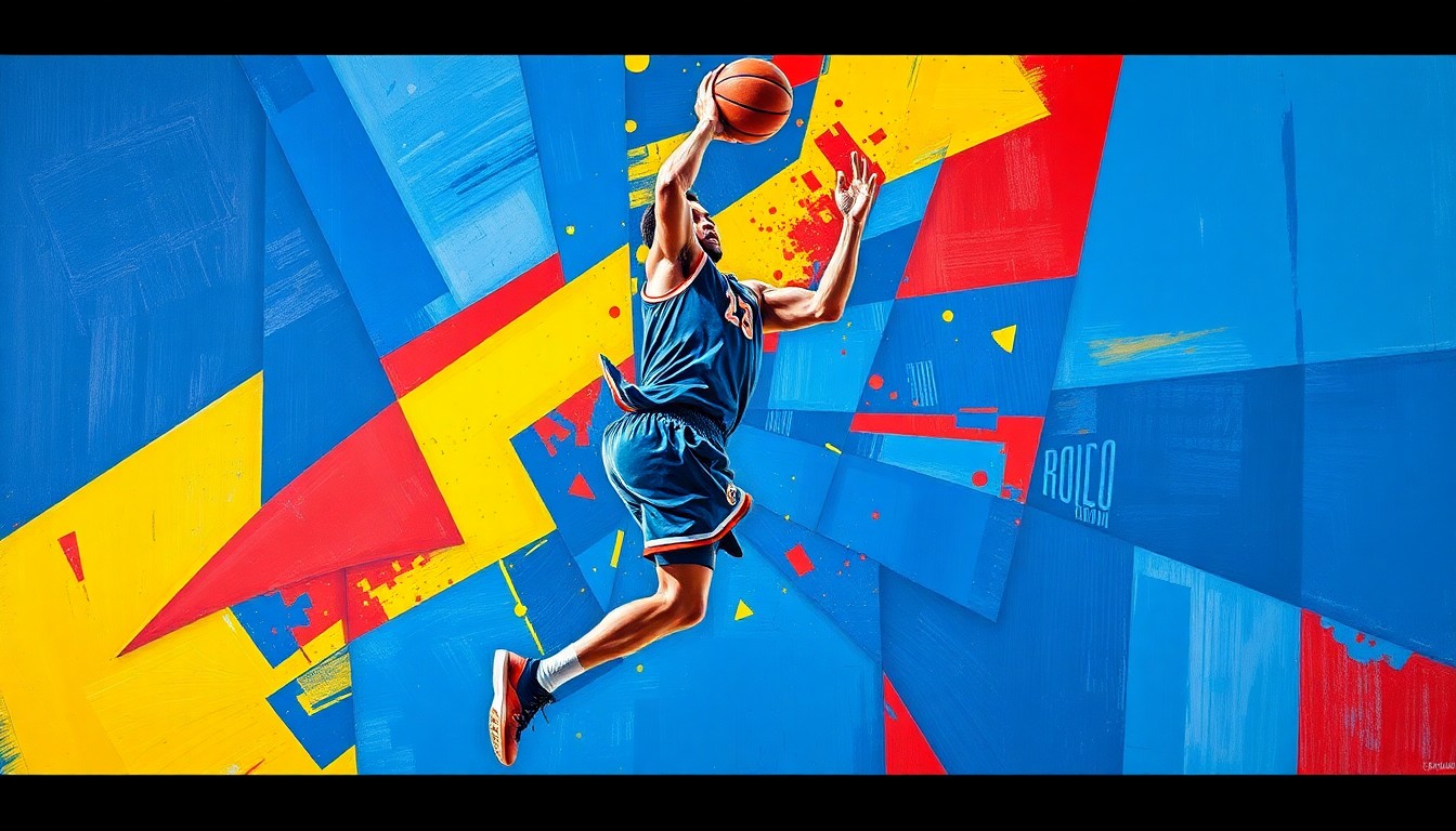 A fragmented, cubist-style painting depicting a college basketball player in motion, their form broken down into sharp, overlapping geometric shapes in a vibrant color palette.
