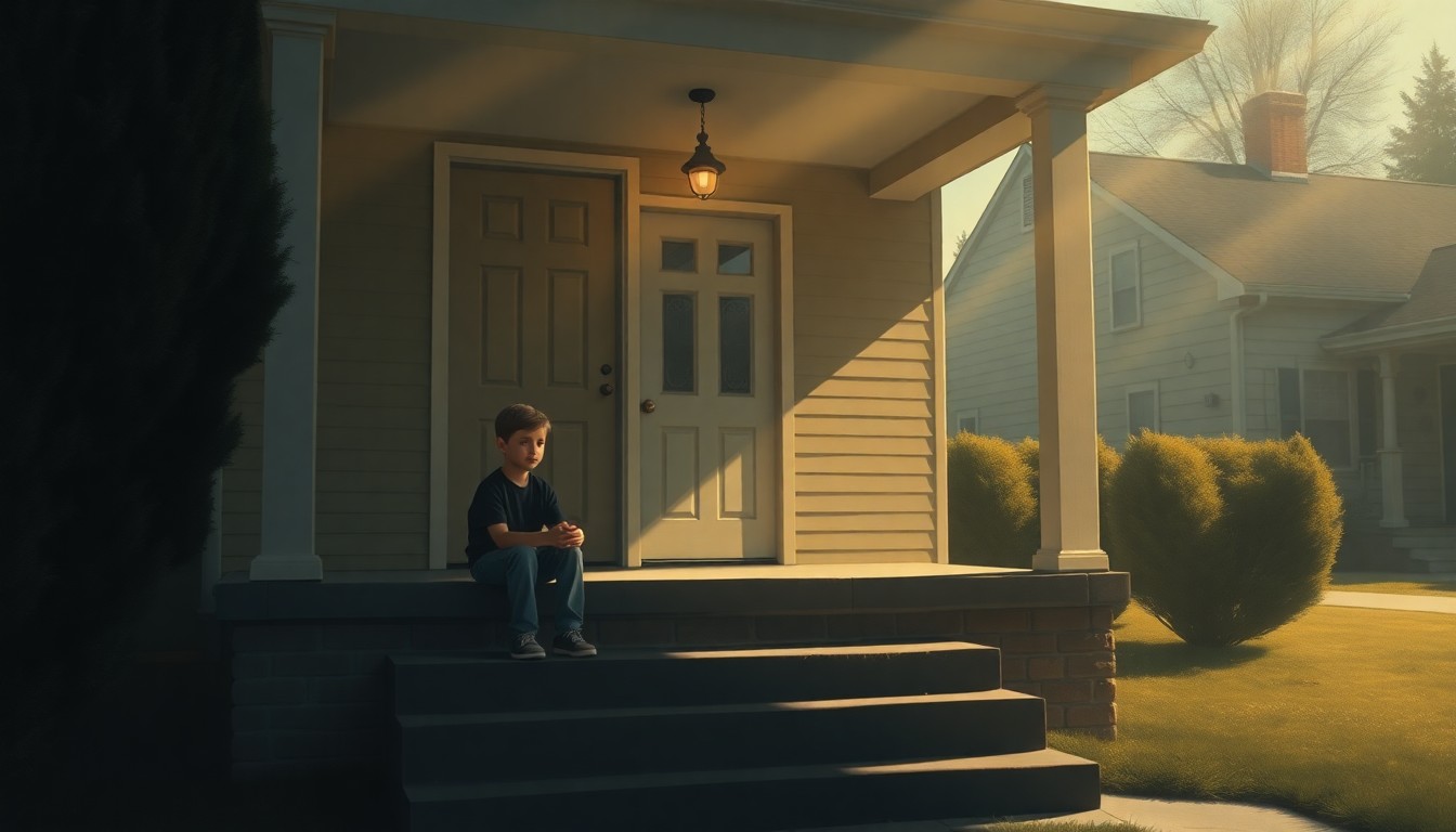 A solitary young boy sits alone on the front steps of a modest suburban home, his face obscured in shadow as warm sunlight streams across the scene, creating a cinematic, melancholy mood that reflects the emotional toll of his family's recent immigration ordeal.