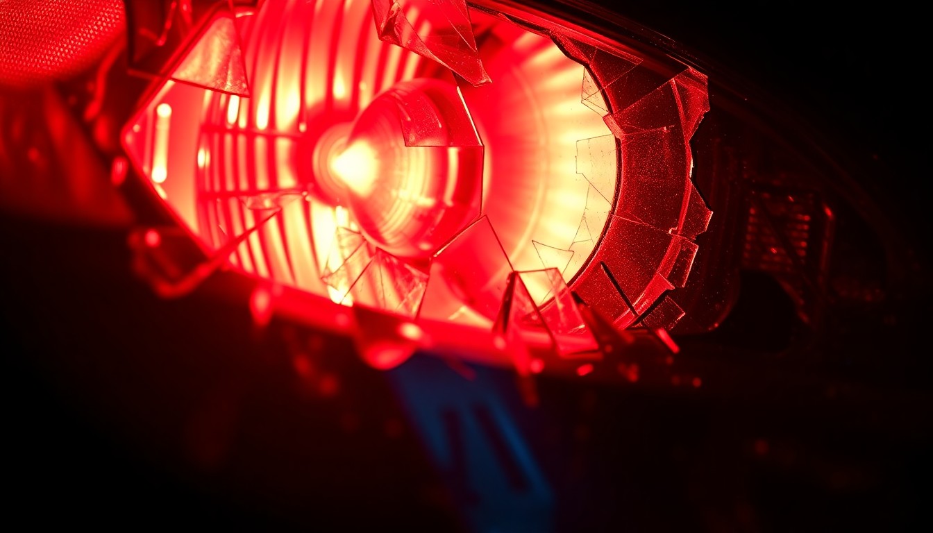 An extreme close-up of a shattered car headlight lens reflecting a faint red glow, conceptually representing the aftermath of a drunk driving collision.