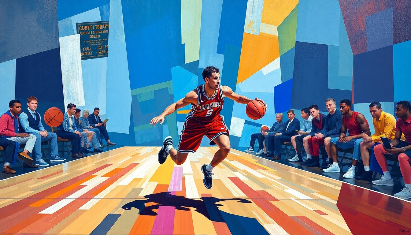 A fractured, cubist-style painting depicting a college basketball player dribbling a ball, with the player's form broken down into sharp, overlapping geometric shapes and planes of vibrant color.