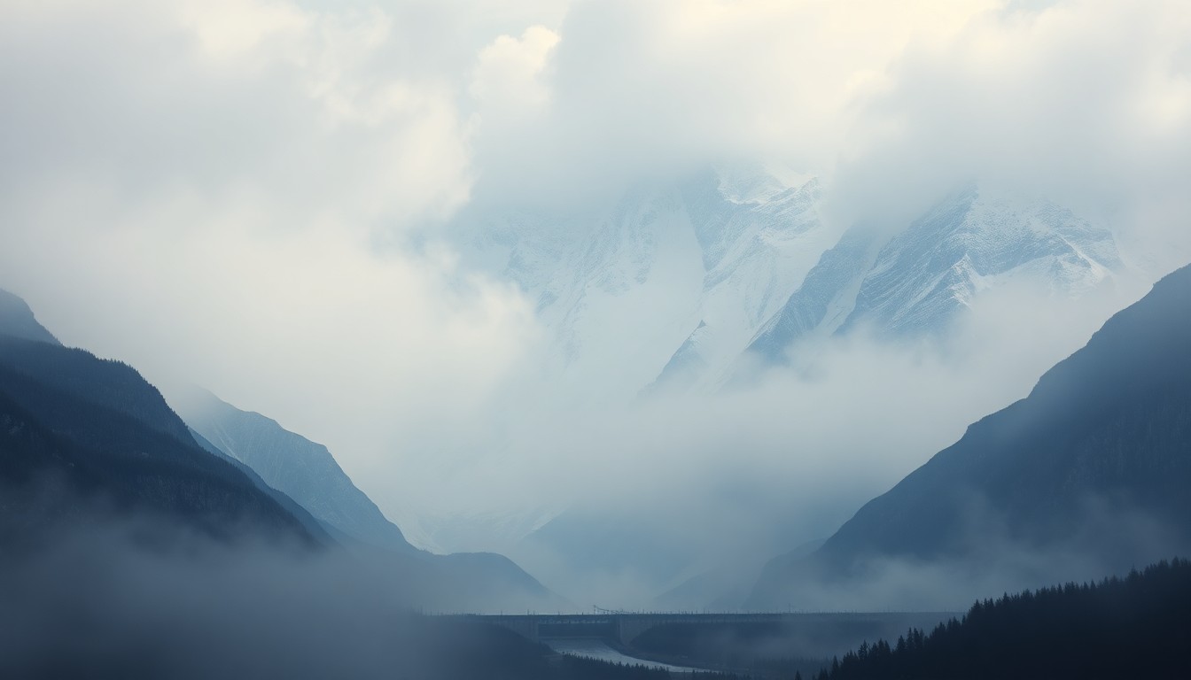 A sweeping, atmospheric landscape painting in muted tones of grey, white, and blue, depicting a massive mountain range partially obscured by heavy fog. In the foreground, the faint outline of a small levee or dam structure can be seen, dwarfed by the overwhelming scale of the natural environment.