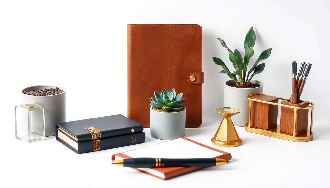 A high-end, photorealistic studio still-life photograph featuring a carefully arranged collection of premium objects like a leather-bound journal, a brass desk organizer, and a potted succulent plant, all set against a clean white background. The objects symbolize the themes of sustainable success, meaningful connection, and work-life balance.