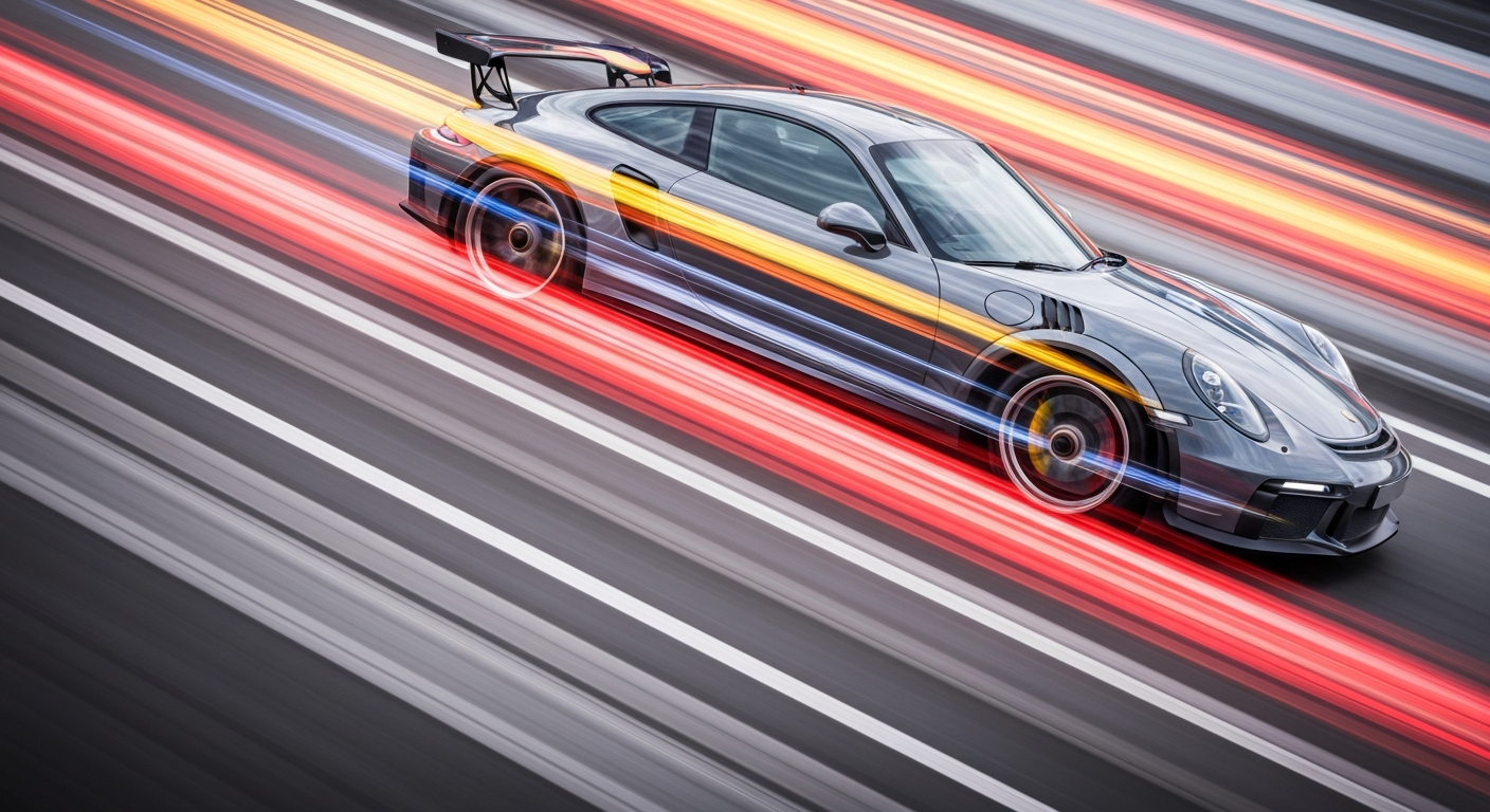 An abstract, blurred image of a Porsche 911 GT3 RS in motion, with streaks of bright colors conveying a sense of speed and energy.