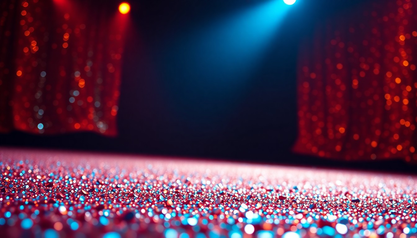 An abstract close-up photograph of shimmering, high-contrast sequins, capturing the glamour and excitement of a major concert event.