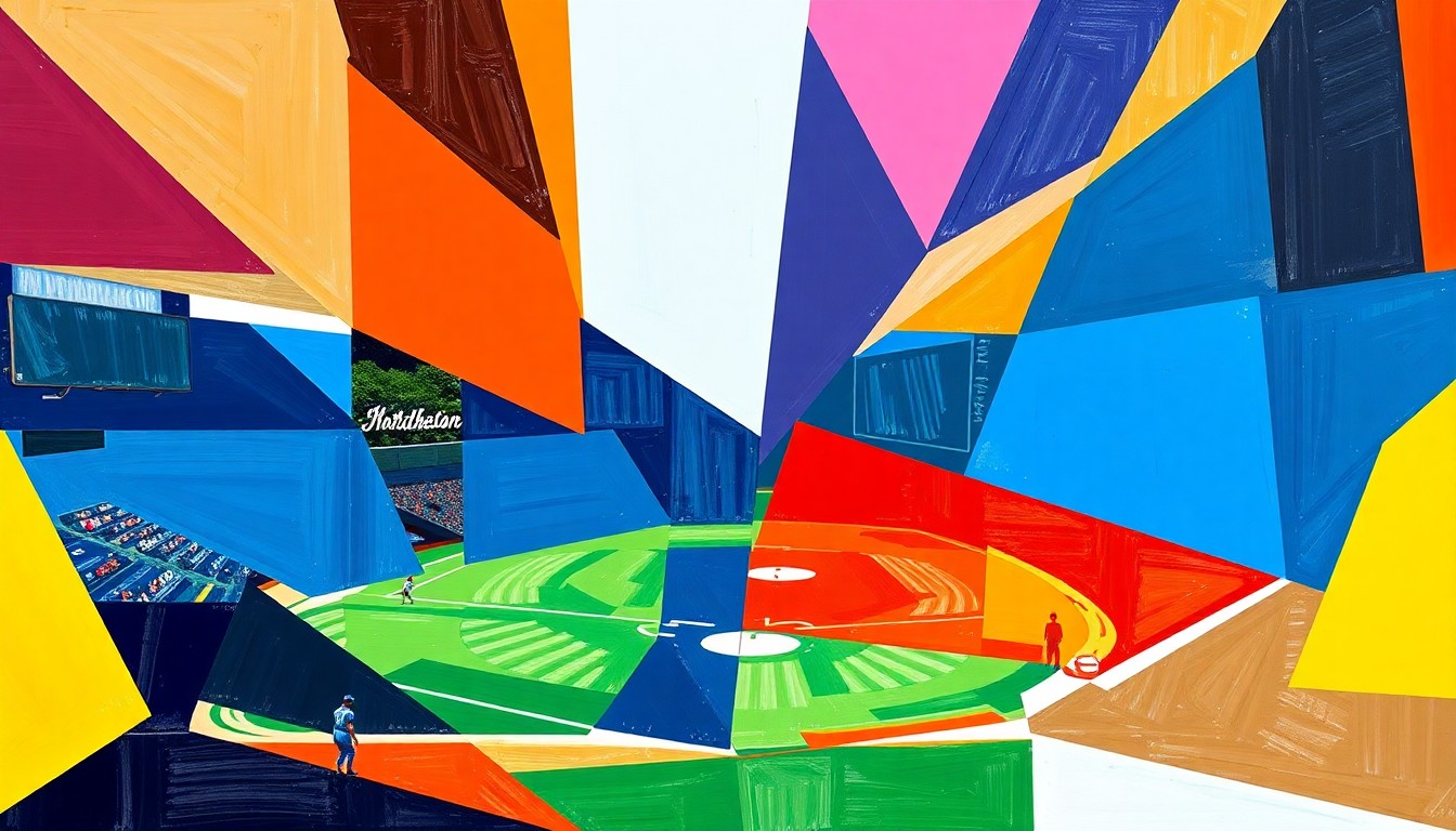 A fragmented, cubist-style painting depicting the dynamic action of a college baseball or softball game, with the players and field broken down into sharp, overlapping geometric shapes in the team colors of the competing schools.