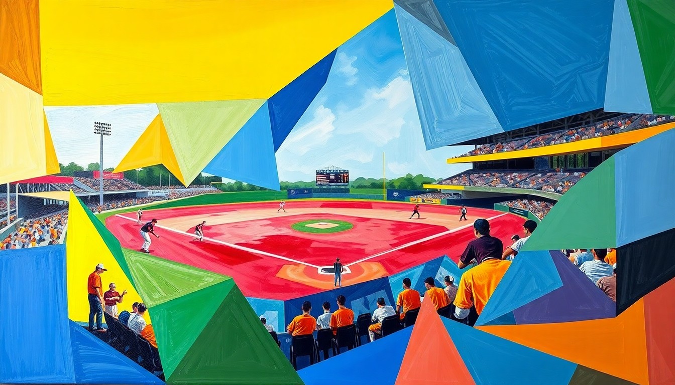 A fragmented, geometric painting depicting the action and energy of a high school baseball game, with sharp planes of color representing the team's official colors.