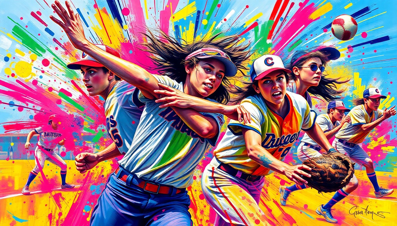 An abstract, energetic painting in neon colors capturing the dynamic motion and raw athleticism of a high school softball game, with players' forms dissolving into vibrant brushstrokes.