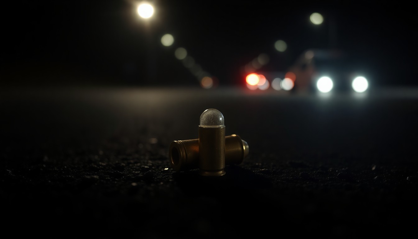 An extreme close-up photograph of a single spent bullet casing on the ground, reflecting the faint glow of emergency lights, conceptually illustrating the aftermath of a reckless shooting incident in a residential area.