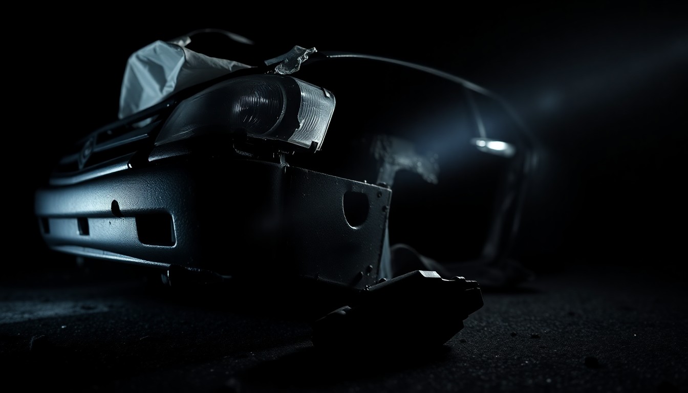 An extreme close-up photograph of a damaged car part or piece of physical evidence from the crash site, lit by a harsh, direct camera flash against a pitch-black background, conveying a stark, gritty, investigative aesthetic.