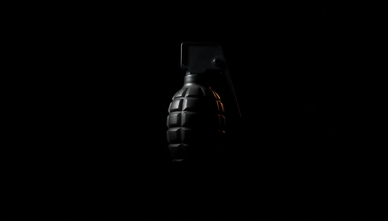 An extreme close-up photograph of a single hand grenade against a pitch-black background, conveying a stark, gritty, and investigative aesthetic without depicting any violence or gore.