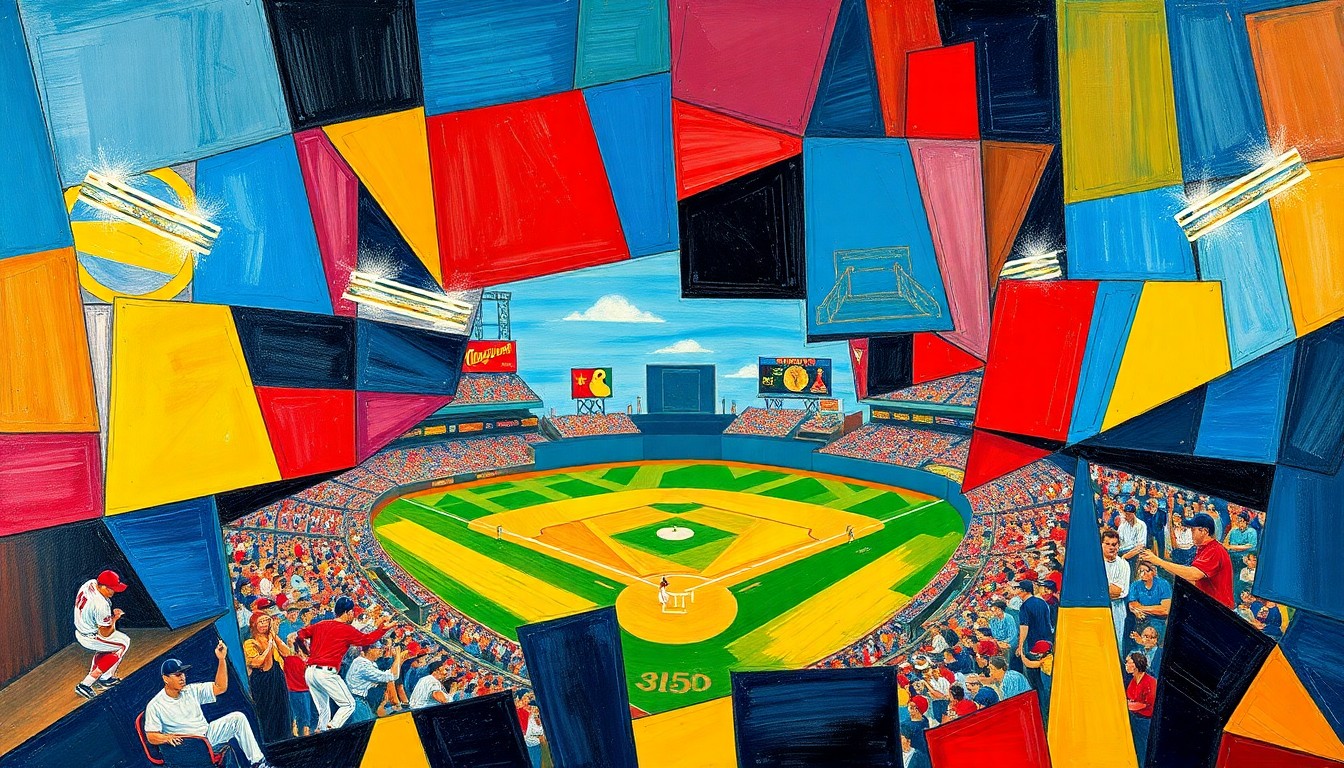 A cubist, geometric painting depicting a baseball game broken down into overlapping planes of color, representing the complexities the Twins face against southpaw pitchers.