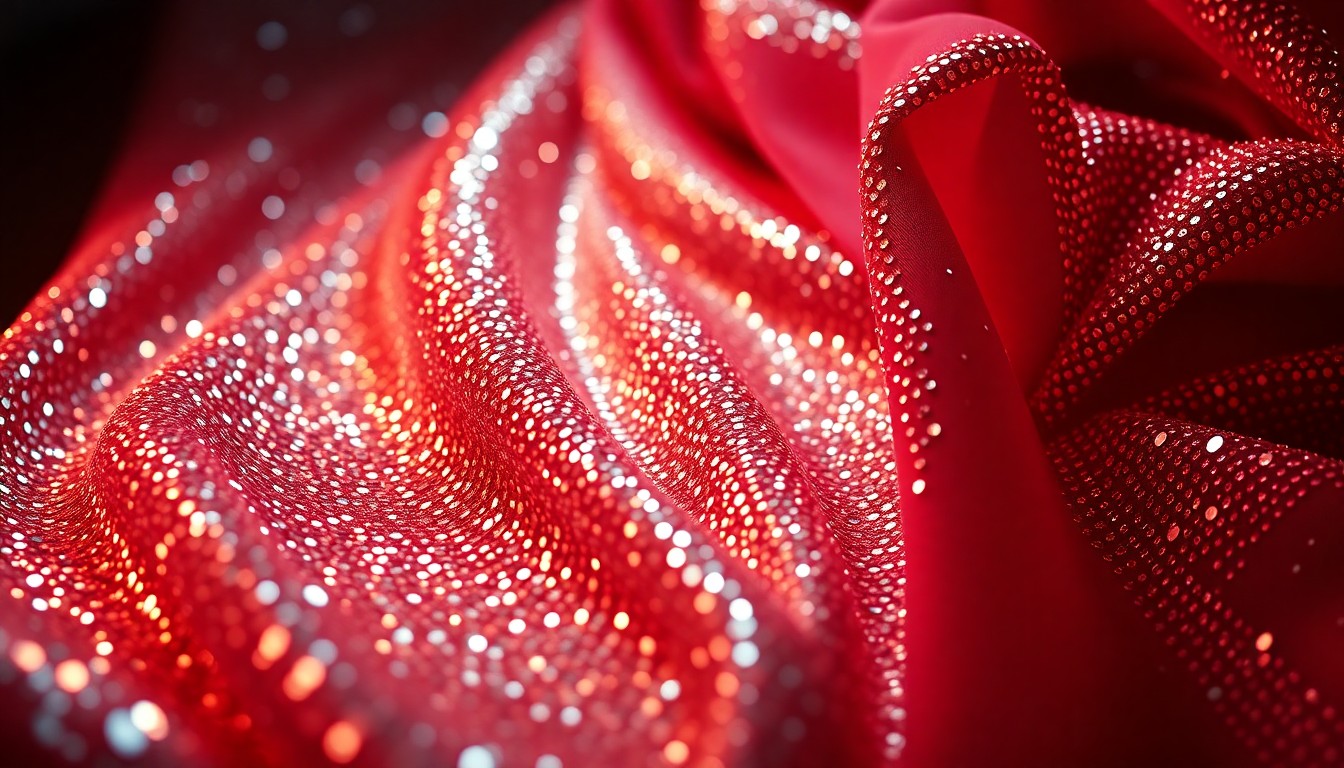 An extreme close-up photograph of shimmering sequins and luxurious fabrics, bathed in dramatic studio lighting to create a high-fashion, high-contrast aesthetic that conceptually represents the intimate and emotional world of dating and relationships.