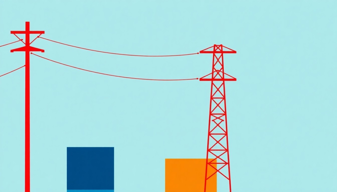 A geometric abstract illustration using bold shapes and primary colors to conceptually represent the issue of rising electricity costs and a new state law intended to shift those costs away from customers and onto utility companies.