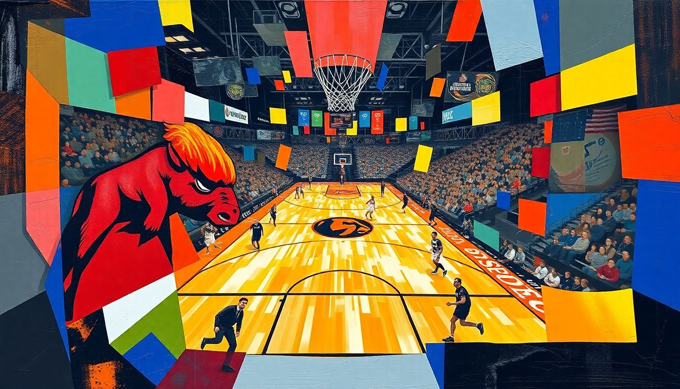 A fractured, geometric painting depicting a basketball game, with sharp planes of color representing the players and court. The visual style deconstructs the action into an abstract, cubist composition.