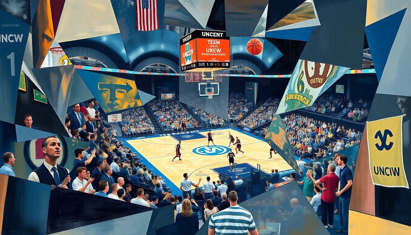 A fragmented, geometric painting depicting the dynamic movements and competitive spirit of a college basketball game, with players and the crowd rendered in an abstract, cubist style.