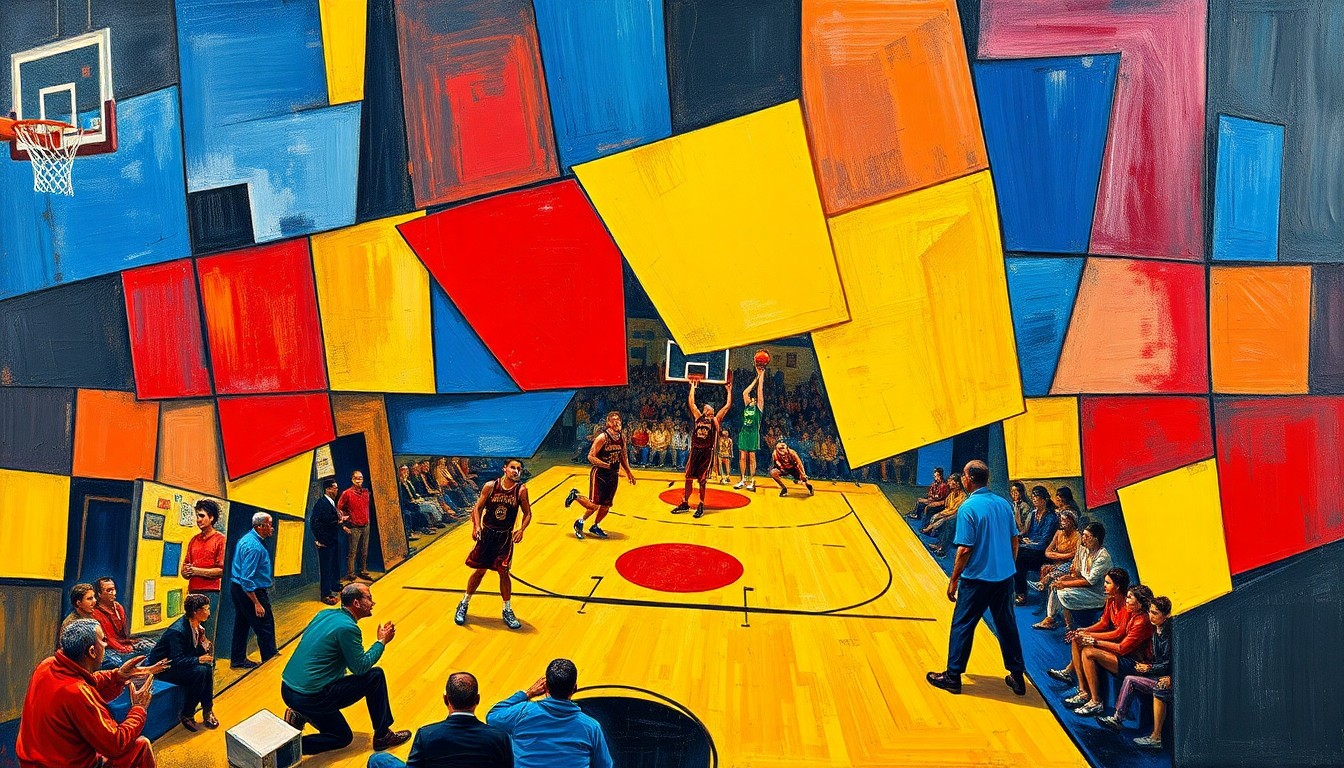 A cubist, geometric painting depicting fragmented, overlapping shapes and planes in vibrant colors, conceptually representing the complex impacts of sports betting legalization in North Carolina.
