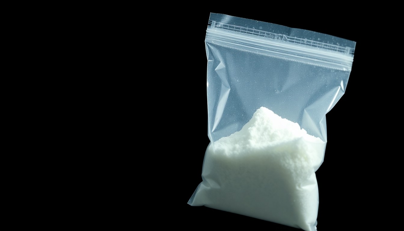 An extreme close-up photograph of a small plastic bag containing white crystalline powder, conceptually illustrating the drug possession charges in this incident.