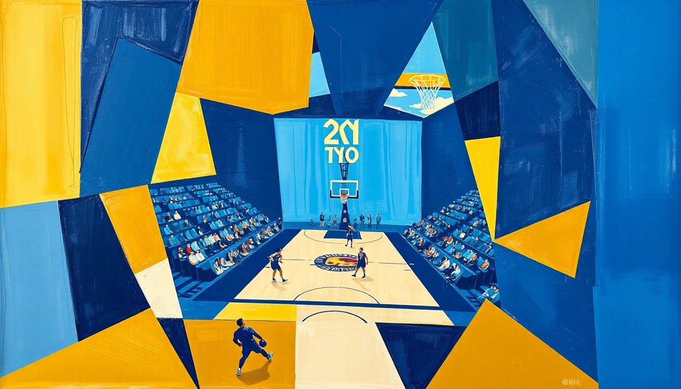 A cubist, geometric painting depicting a fragmented college basketball game, with sharp planes of navy, light blue, and gold colors overlapping to create a dynamic, abstract visual representation of the sport.