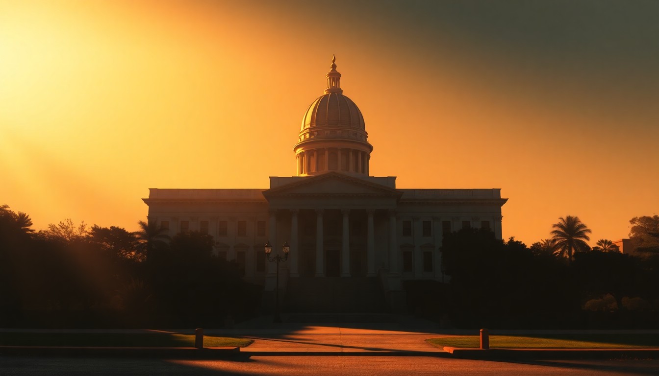 A serene, photorealistic painting of a California state capitol building, its grand architecture and imposing presence captured in warm, golden light and deep, dramatic shadows, conveying a sense of political tension and uncertainty.