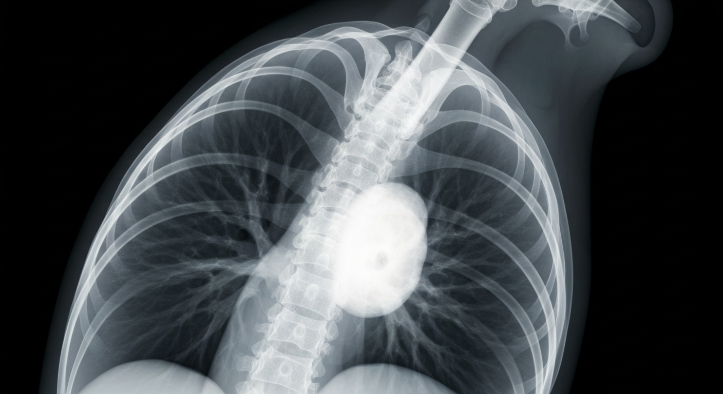 A ghostly X-ray-like image showing the internal structure of a lung tumor and surrounding muscle tissue, conveying the concept of a treatment targeting both the cancer and associated muscle loss.