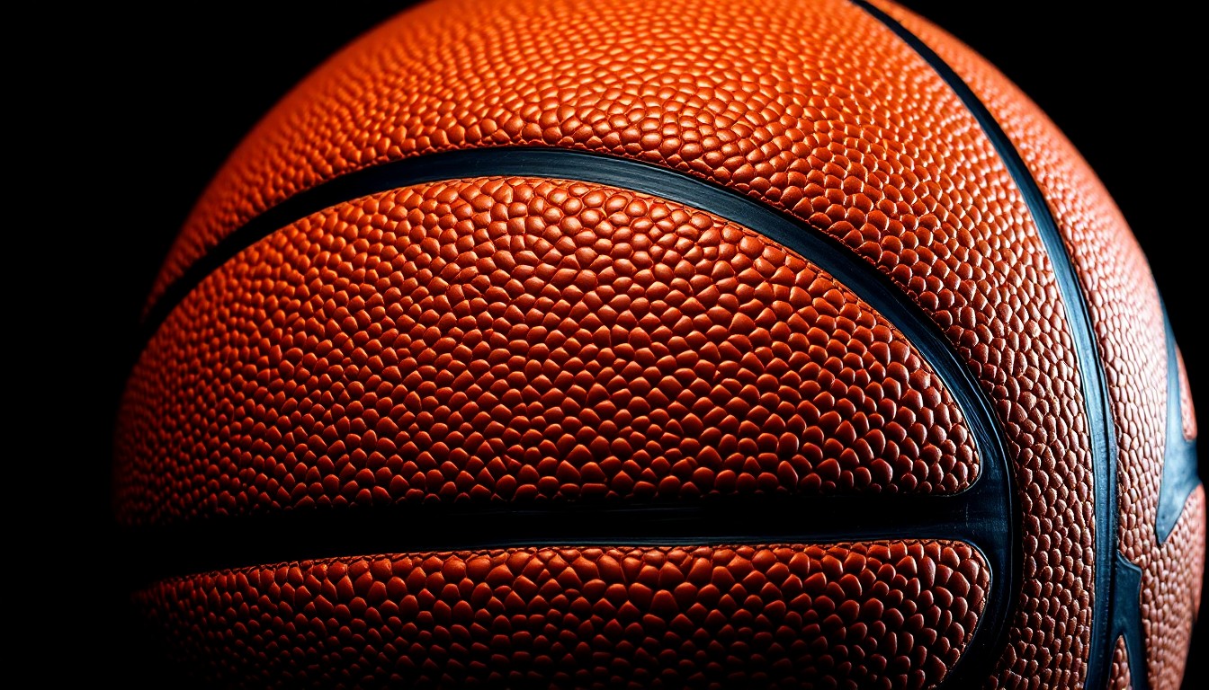 An extreme close-up photograph of a basketball's textured leather surface, captured in dramatic, high-contrast studio lighting to create a sense of glamour and excitement around the sport.