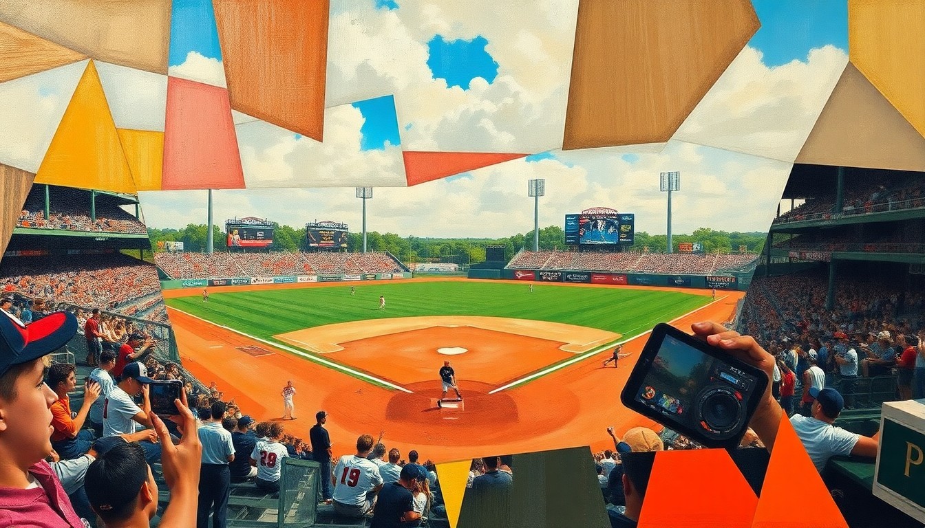 A fragmented, geometric painting depicting the dynamic movements and competitive energy of a high school baseball game, with players and the field deconstructed into sharp, overlapping planes of color and form.