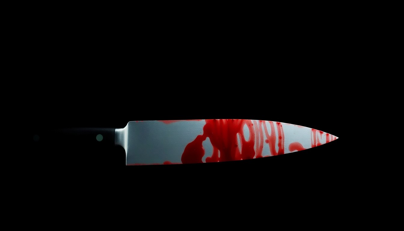 An extreme close-up photograph of a bloodied kitchen knife, the harsh flash illuminating the blade's sharp edge and the dark, textured handle in stark contrast against the pitch-black background, conceptually representing the violence and trauma at the heart of this domestic abuse case.