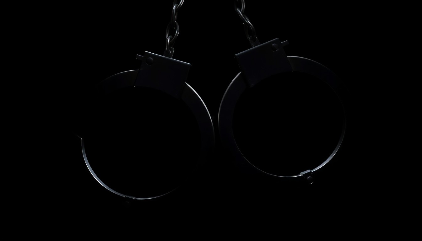 An extreme close-up of a pair of metal handcuffs against a stark black background, conceptually representing the serious nature of a child sex crimes case.