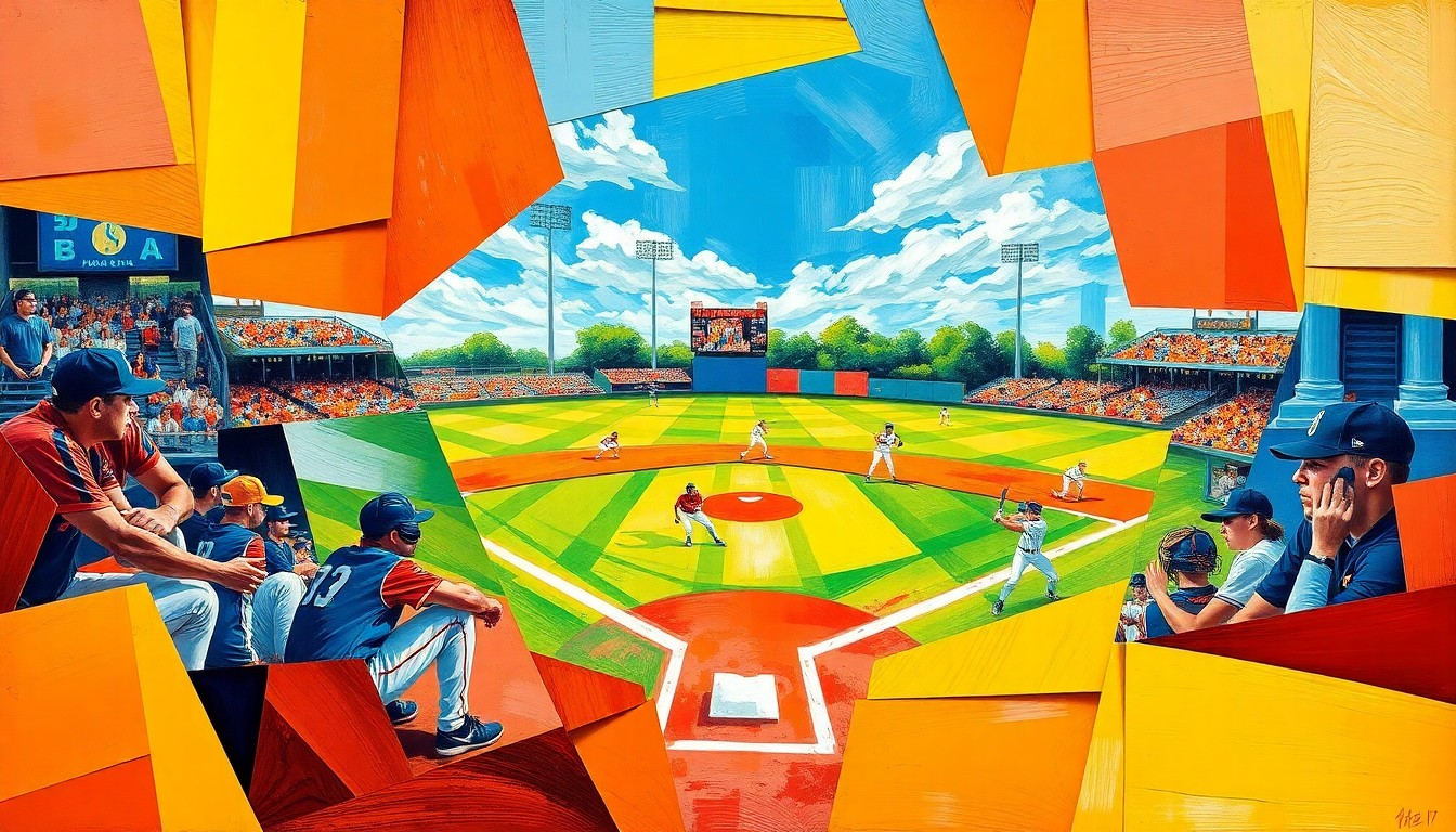A cubist, geometric painting featuring overlapping planes of bright colors representing a high school baseball or softball game, conveying the dynamic action and energy of the sports.