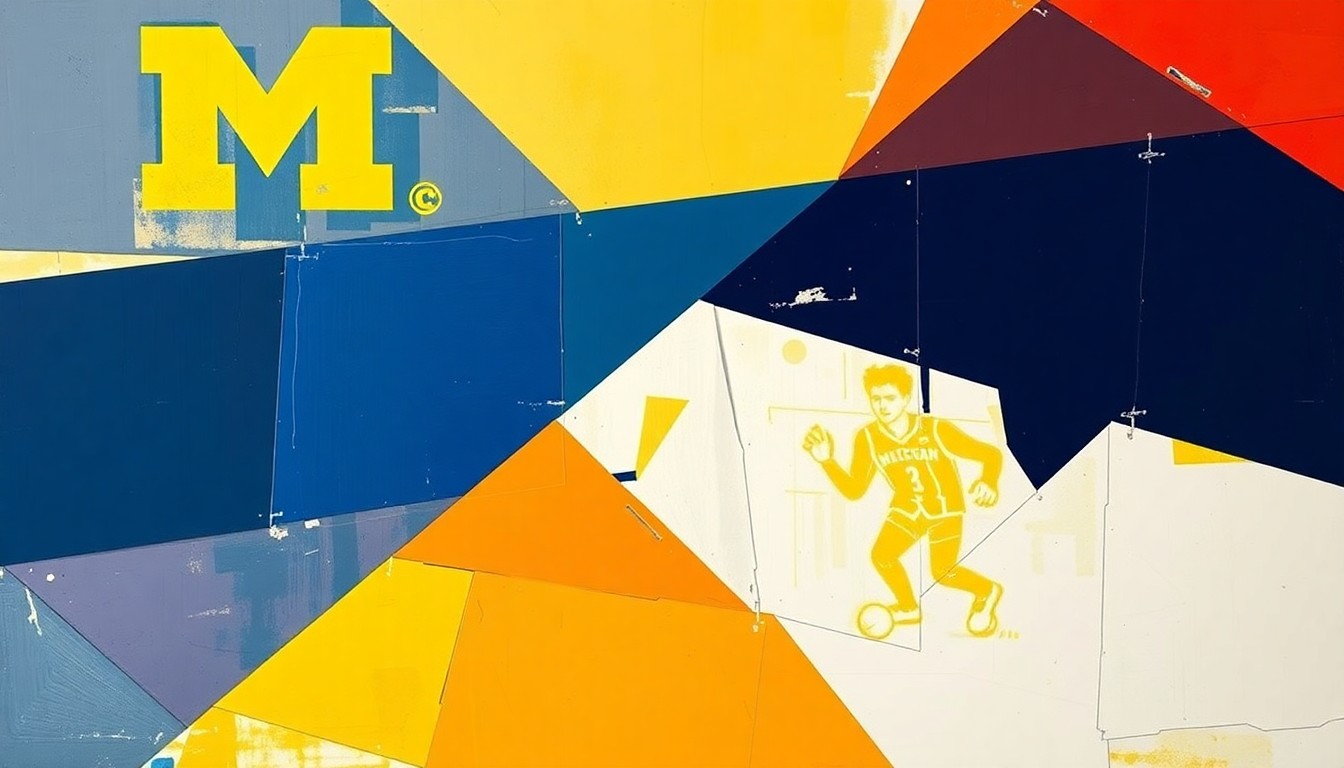 A cubist, geometric painting featuring overlapping planes of bright blue, maize, and navy blue, conceptually representing the high-stakes clash between the Michigan Wolverines and UConn Huskies for the NCAA basketball title.