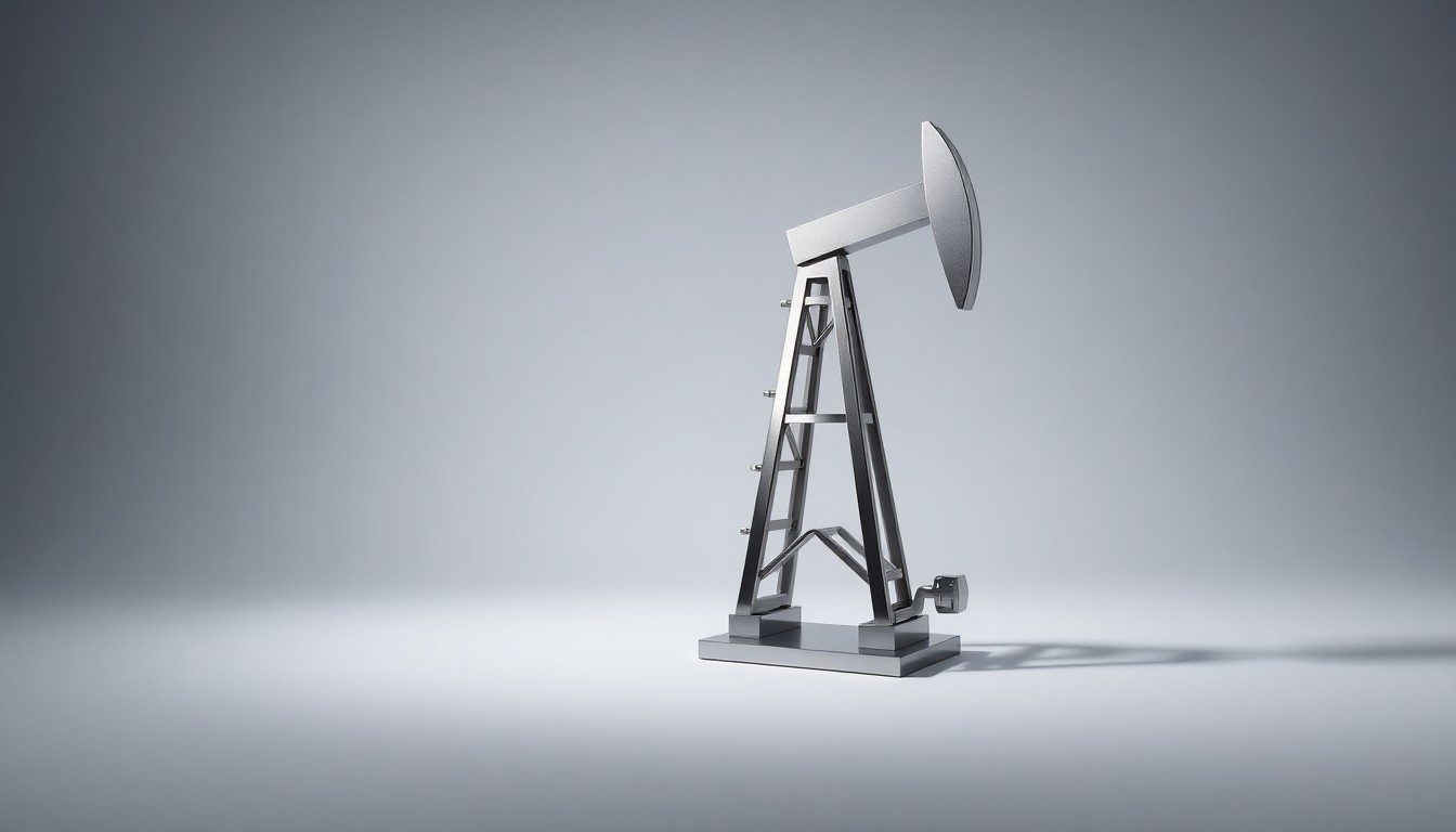 A highly polished, geometric metal sculpture representing an oil derrick or natural gas pump, arranged elegantly on a clean, monochromatic background and dramatically lit to symbolize the abstract concepts of energy production and corporate finance.
