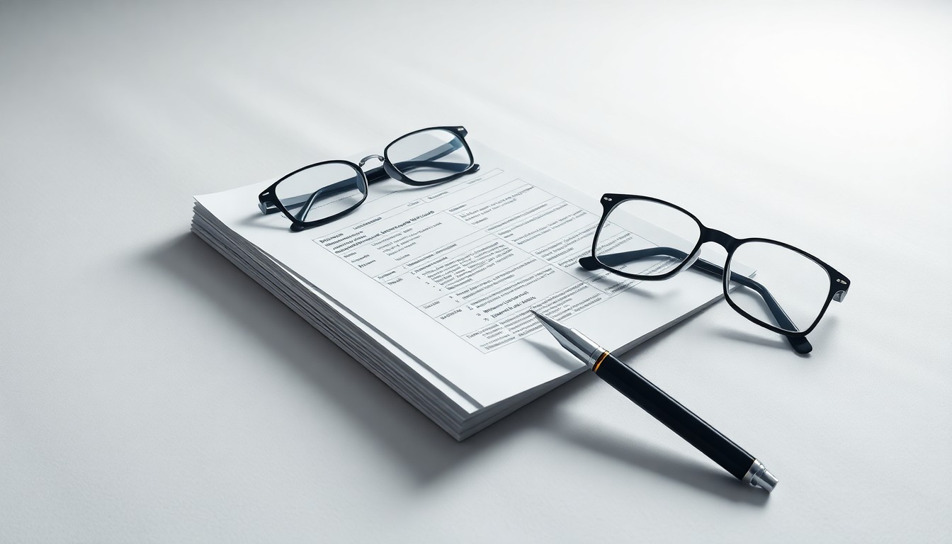 A minimalist studio still life photograph featuring a stack of financial documents, a pen, and a pair of reading glasses arranged elegantly on a clean, white background, conceptually representing the stability and enduring legacy of the financial services firm HilltopSecurities.
