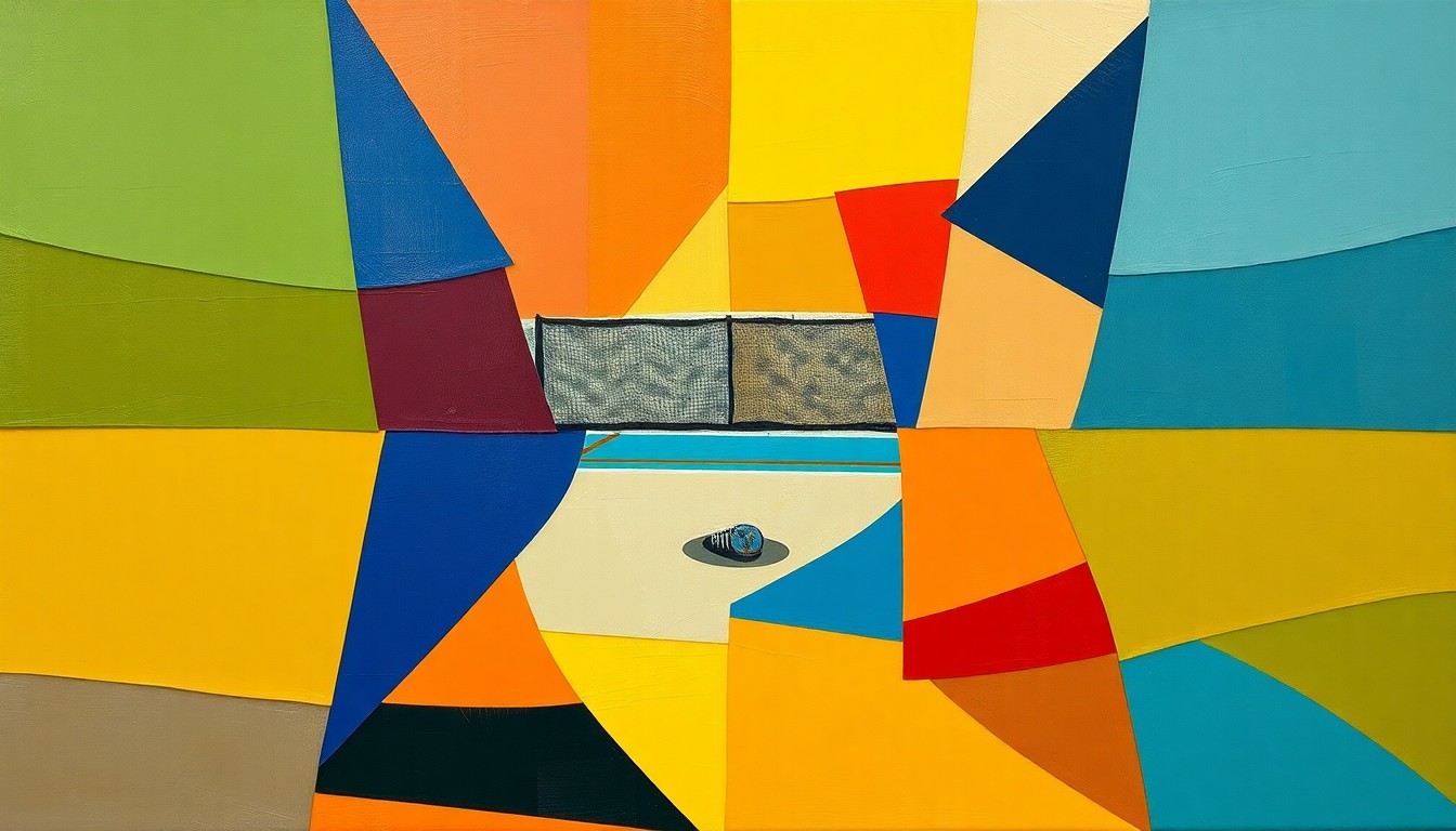 A fragmented, geometric painting in vibrant colors representing the dynamic action and competition of a sports match or game.