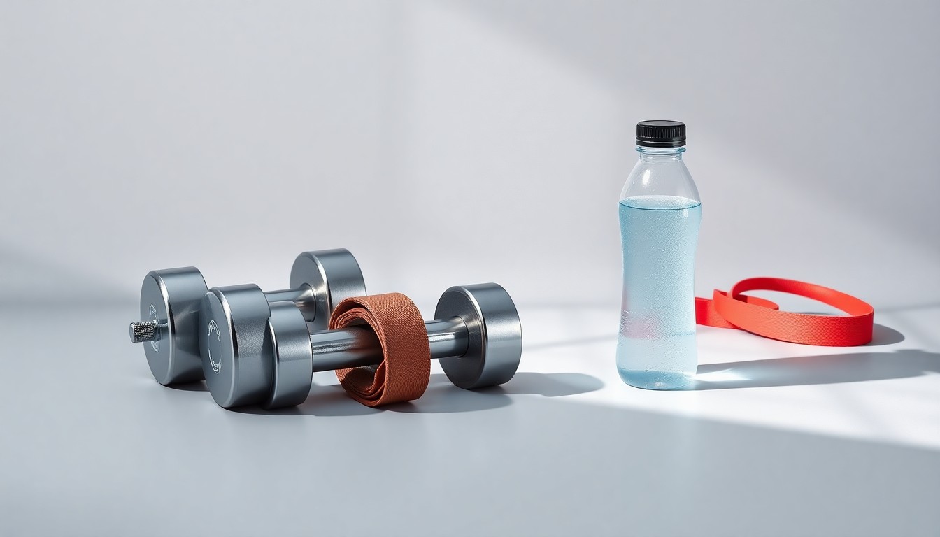 A photorealistic studio still life featuring a set of premium fitness equipment arranged elegantly on a clean background, conceptually representing the corporate strategy and financial markets of the fitness industry.