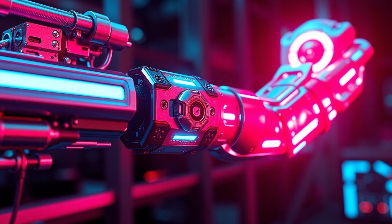 A highly detailed, glowing 3D illustration of a robotic arm with intricate metallic components and neon cyan and magenta lights, conceptually representing the integration of advanced AI-powered automation into the shipbuilding process.