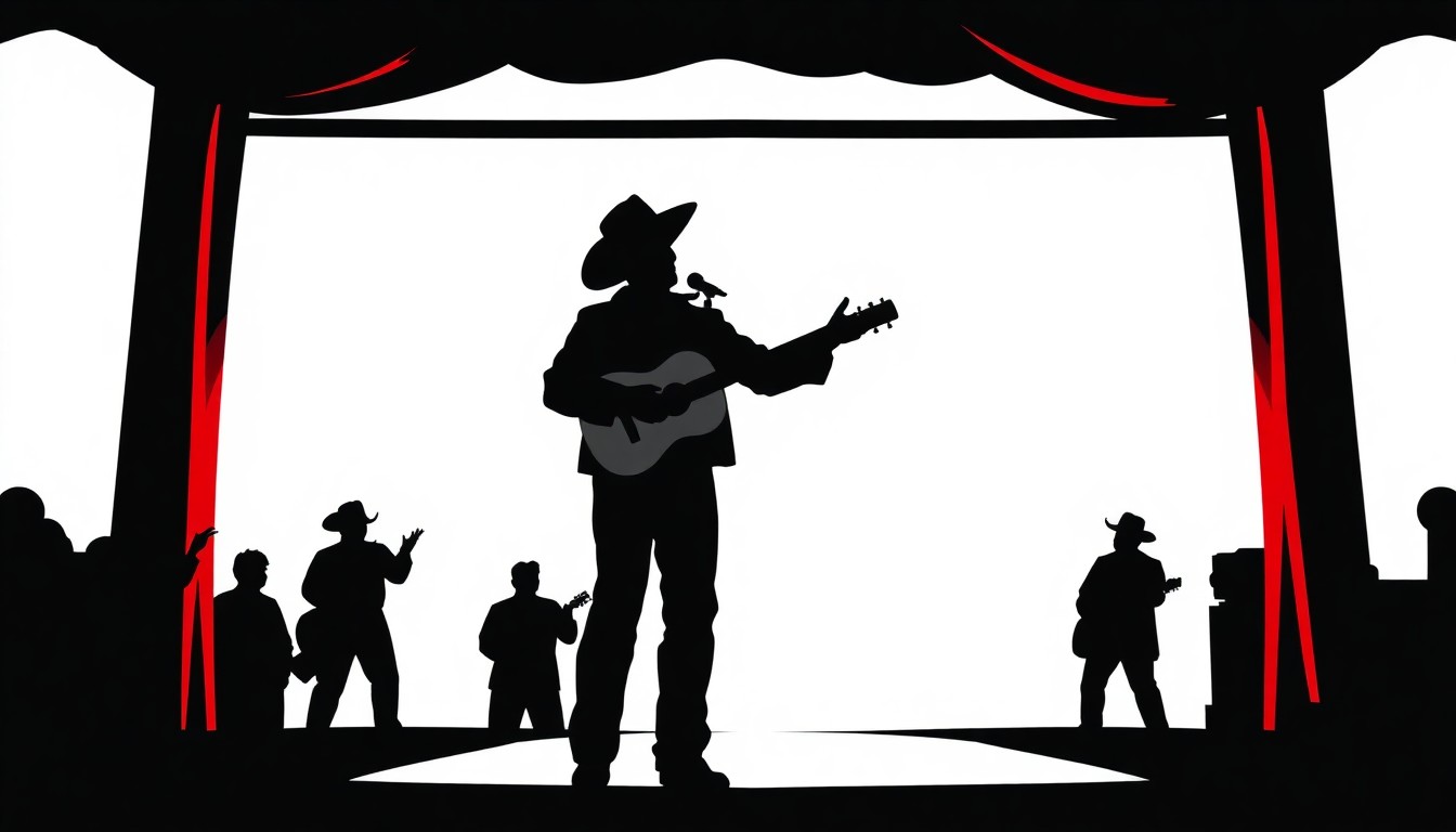 An abstract, minimalist illustration featuring bold black silhouettes of a musician performing on a stage, with dramatic red and white shapes creating a high-contrast, graphic composition.