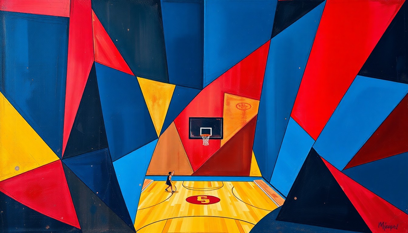 A cubist-style painting depicting fragmented, overlapping geometric shapes in navy, red, and yellow, representing the dynamic action of a women's basketball game.