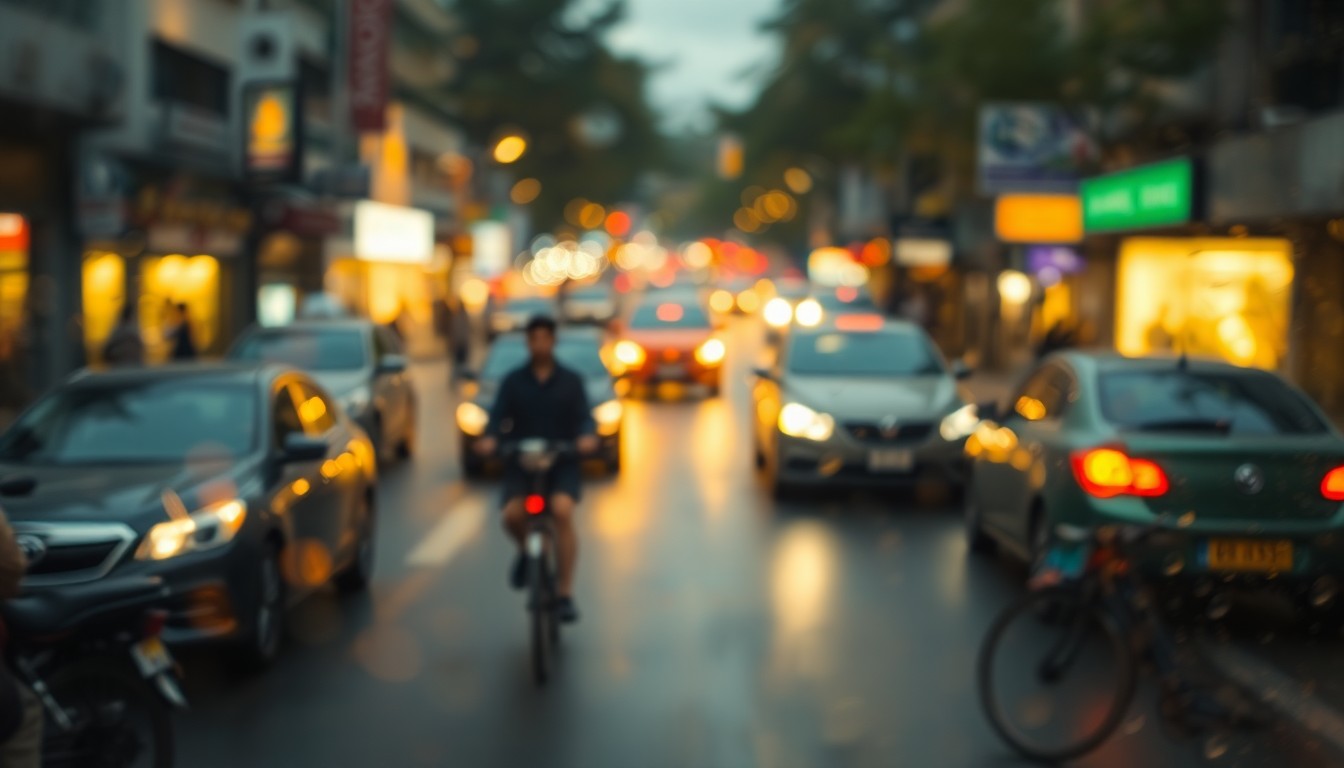 An abstract, impressionistic photograph of a blurred street scene with cars, pedestrians, and bicycles, conveying the concept of a road diet project through soft, warm colors and out-of-focus details.
